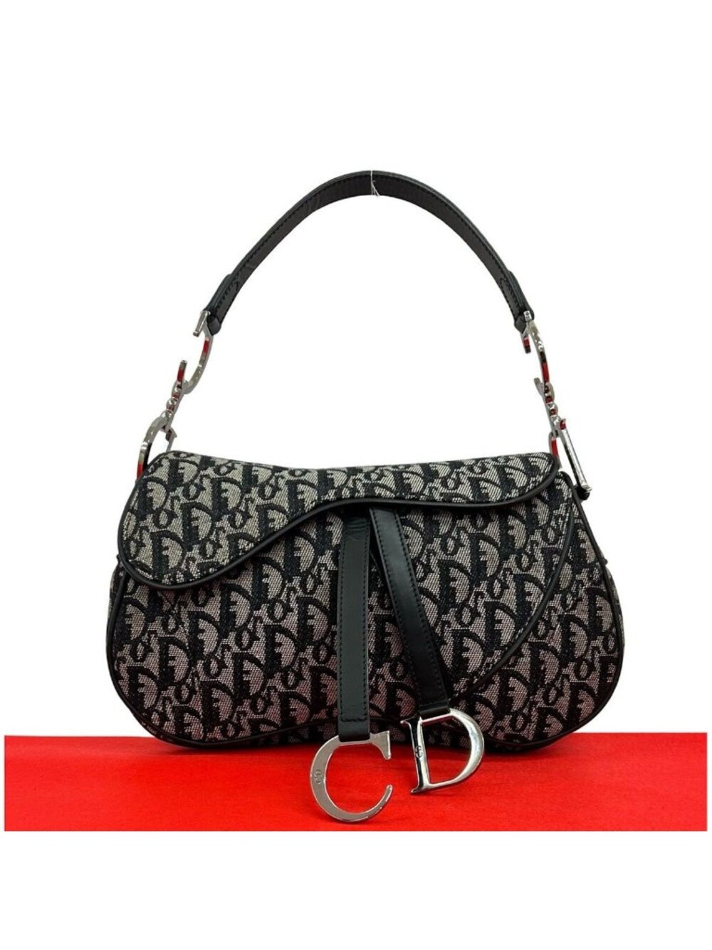 Dior Saddle Bag Trotter Canvas Leather Black